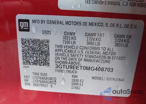 2021 GMC Sierra 1500 4Wd Short Box At4 z USA, uszkodzony, nr VIN 3GTU9EET0MG408703